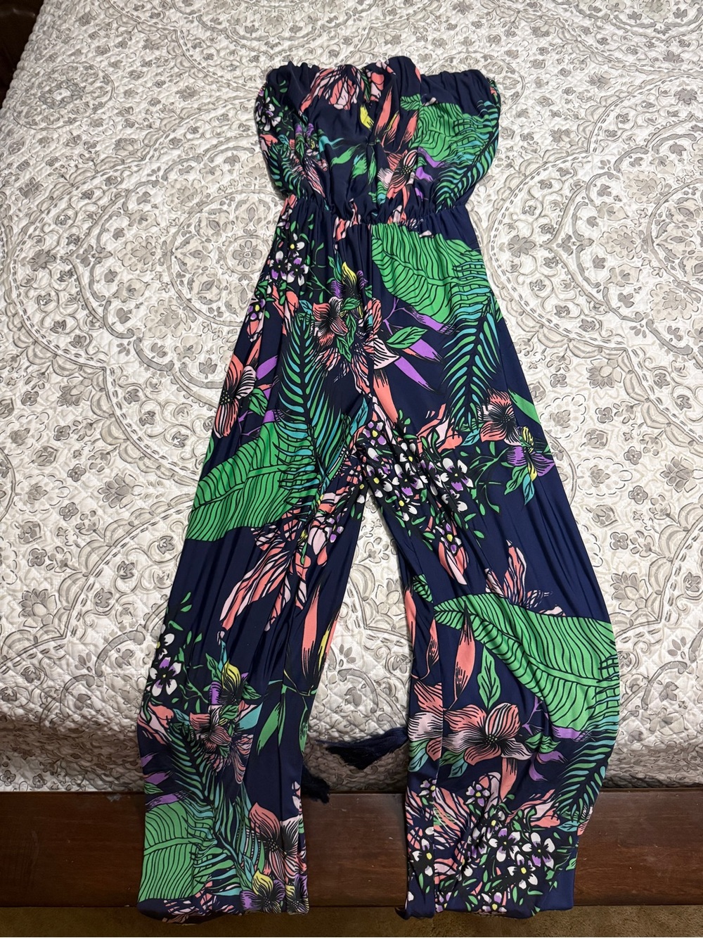 Tropical Strapless Wide-Leg Jumpsuit in Navy and Green